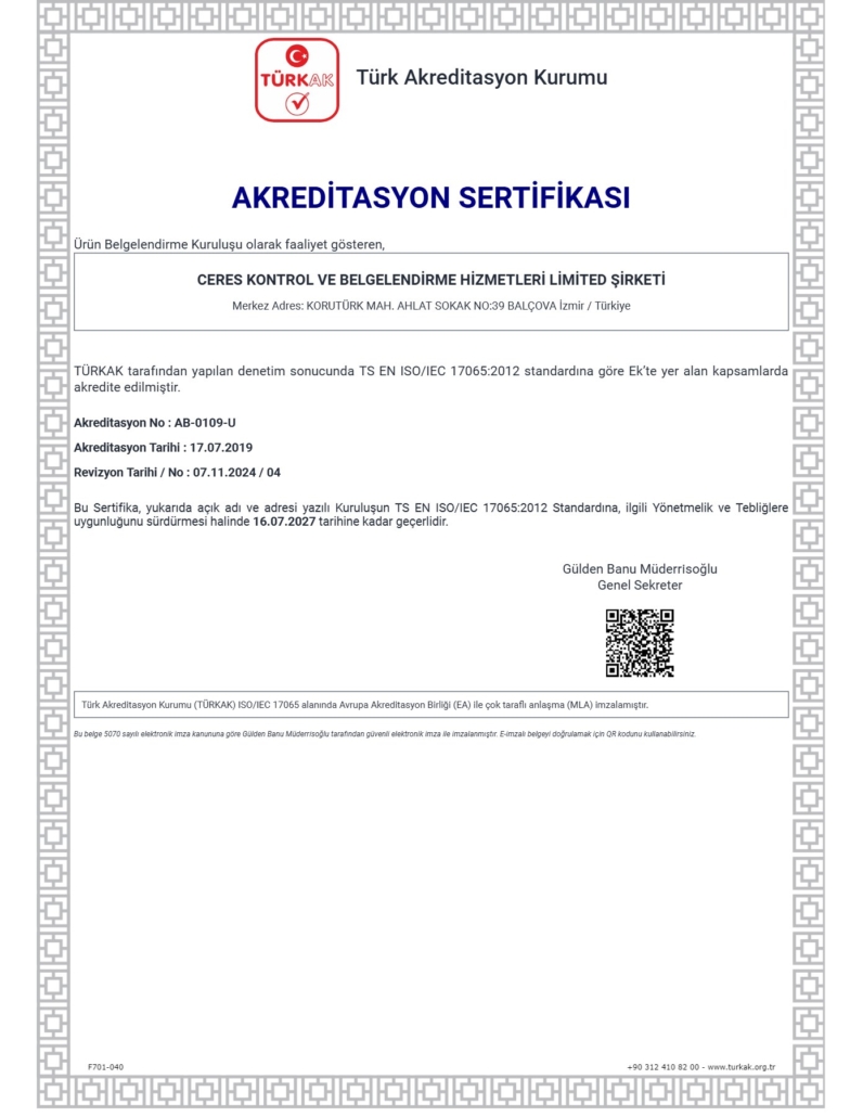 Türk Akreditasyon Kurumu Akreditasyon Sertifikası